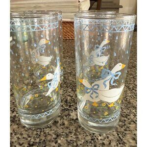 4 Vtg Libbey Country Goose Blue Bow Drinking Glasses Farmhouse Cottage Granny